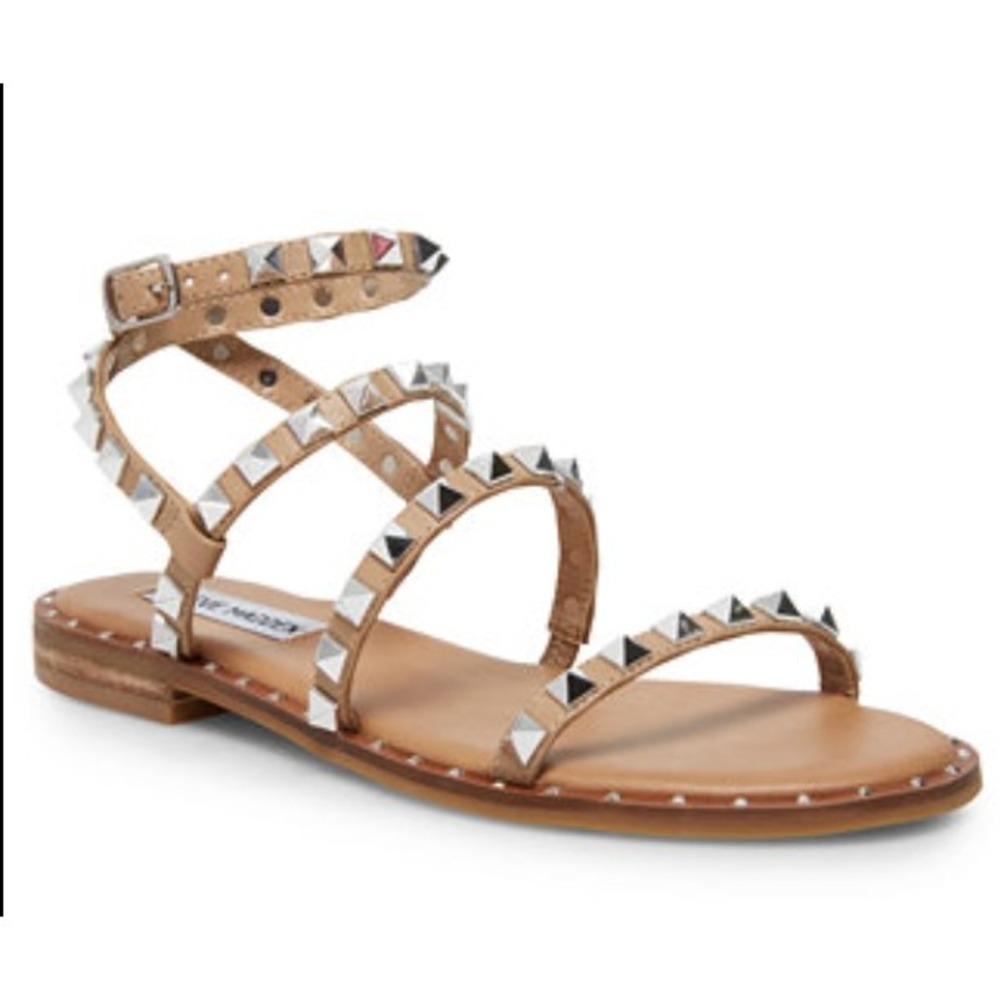 Steve Madden Sandals Womens 9 Tan Travel Studded Strappy‎ Gladiator Flat Buckle